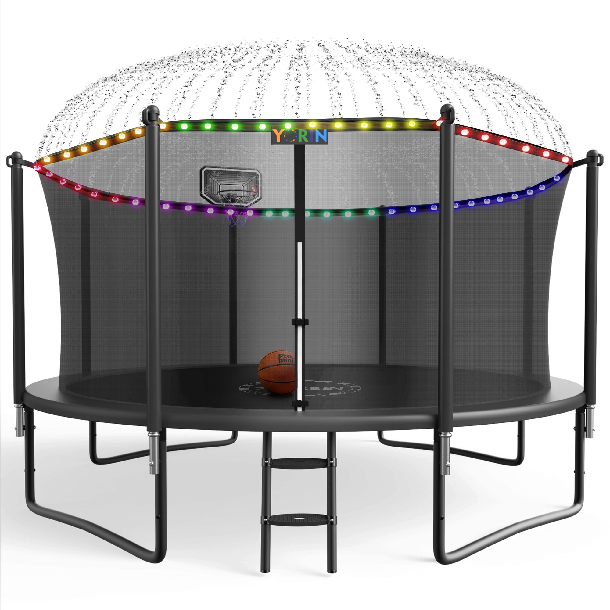 YORIN Trampoline, 12FT Trampoline for 4-5 Kids Adults with Enclosure, 1200LBS Outdoor Trampoline with Basketball Hoop, Sprinkler, Light, Socks, Ladder, Galvanized Anti-Rust Coating Trampoline