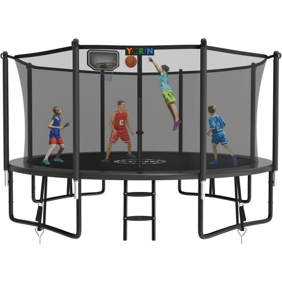 YORIN Trampoline, 12FT Trampoline for 4-5 Kids Adults with Enclosure Net, 1200LBS Outdoor Trampoline with Basketball Hoop, Ladder, Galvanized Anti-Rust Coating Heavy Duty Round Trampoline