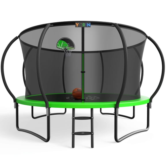 YORIN Trampoline, 12FT Trampoline for Adults and Kids, 1200LBS Trampoline with Enclosure Net, Basketball Hoop, Ladder, Wind Stakes, Outdoor Heavy-Duty Recreational Round Trampolines