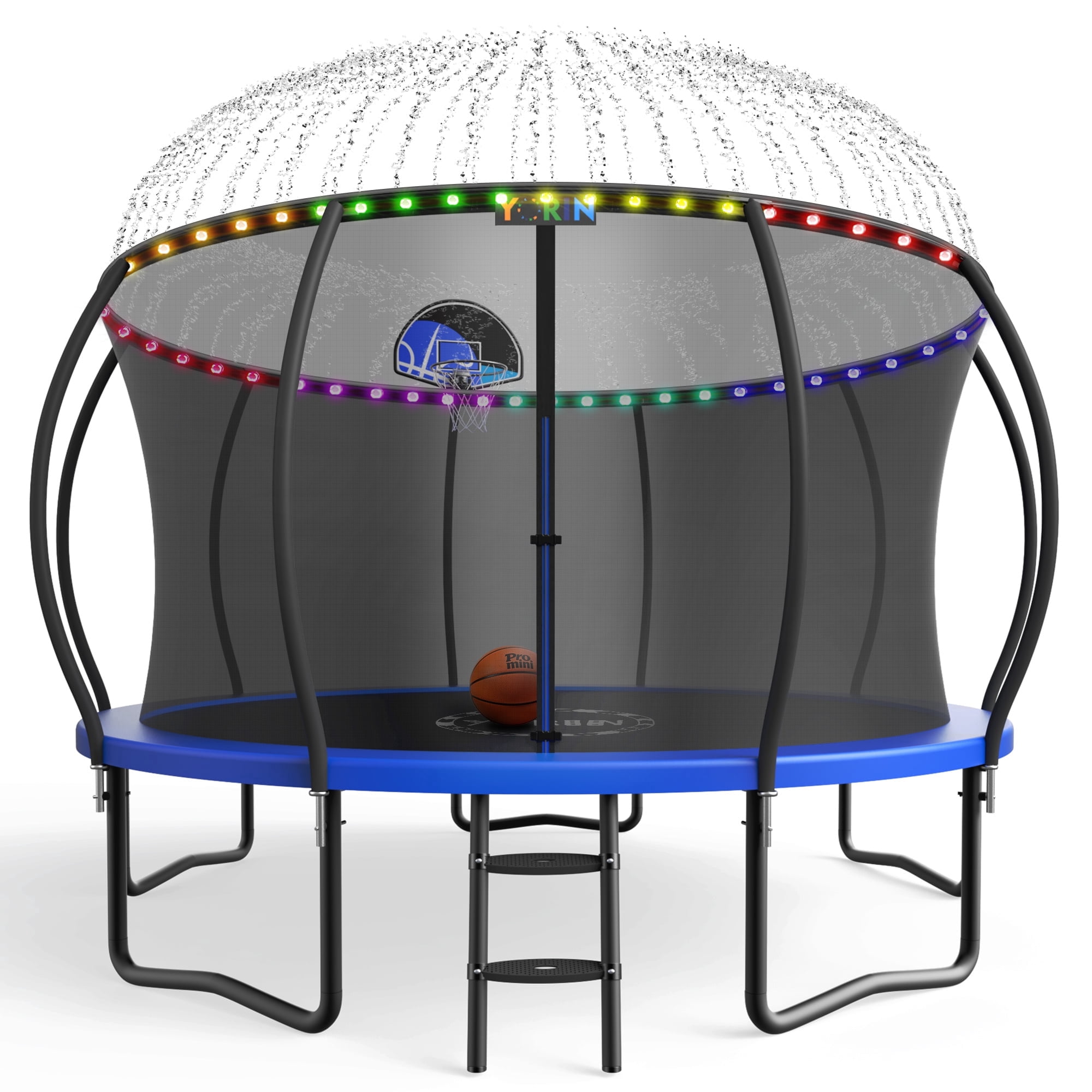 YORIN Trampolines Outdoor with Sprinkler and Lights, 2026 UPGRADED 1400LBS 14FT Trampoline for 7-8 Kids Adults with Enclosure Net, Basketball Hoop, Ladder, Heavy Duty Trampoline, Birthday Gift