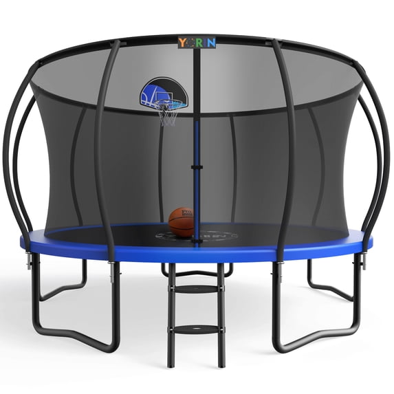 YORIN Trampoline, 14 FT Trampoline for 7-8 Kids Adults with Enclosure Net, Basketball Hoop, Ladder, Wind Stakes, 1400LBS Weight Capacity Round Outdoor Recreational Trampoline, Heavy Duty Trampoline