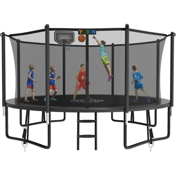 YORIN Trampoline, 14FT Trampoline for 6-7 Kids Adults with Enclosure Net, 1400LBS Outdoor Trampoline with Basketball Hoop, Ladder, Galvanized Anti-Rust Coating Heavy Duty Round Trampoline