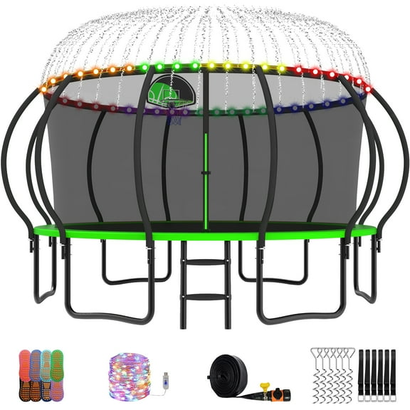 YORIN Trampoline, 15 FT Trampoline for 8-9 Kids Adults with Enclosure Net, Basketball Hoop, Ladder, 1500LBS Outdoor Round Recreational Trampoline, Heavy Duty Trampoline with Light, Sprinkler, Socks