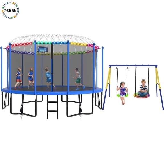 YORIN Trampoline, 1500LBS 15FT Trampoline for 6-7 Adults/ Kids, with Enclosure Net, Metal Swing, Basketball Hoop, Ladder, Light, Sprinkler, Socks, Outdoor Anti-Rust Heavy Duty Round Trampoline
