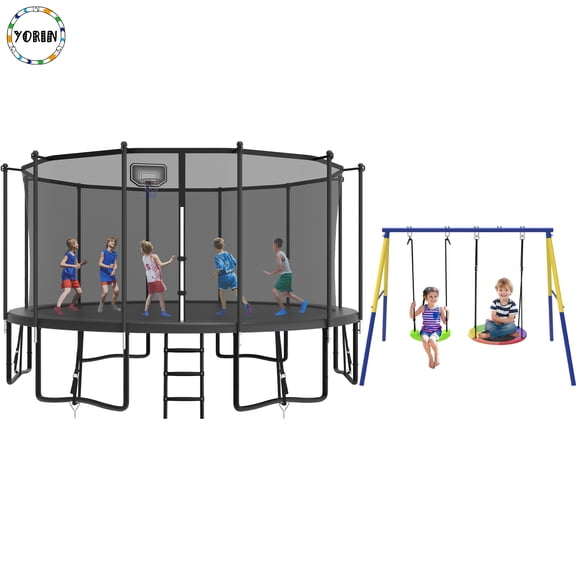 YORIN Trampoline, 1500LBS 16FT Trampoline for 7-8 Adults/ Kids, with Enclosure Net, Metal Swing, Basketball Hoop, Ladder, Galvanized Outdoor Anti-Rust Heavy Duty Round Recreational Trampoline