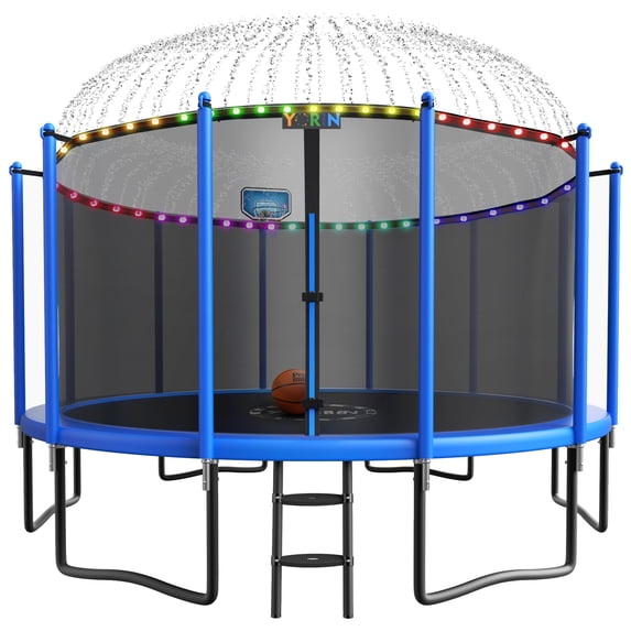 YORIN Trampoline, 15FT Trampoline for 7-8 Kids Adults with Enclosure, 1500LBS Outdoor Trampoline with Basketball Hoop, Sprinkler, Light, Socks, Ladder, Galvanized Anti-Rust Coating Trampoline