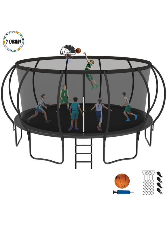 YORIN Trampoline, 16FT 15FT 14FT 12FT Trampoline for Adults and Kids, 1500LBS Trampoline with Enclosure Net, Basketball Hoop, Ladder, Wind Stakes, Outdoor Recreational Round Trampolines