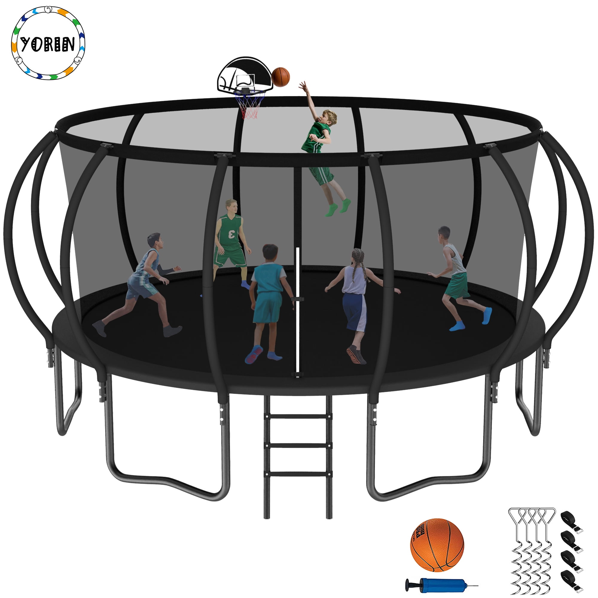 YORIN Trampoline 16-12FT for Adults & Kids, 1500LBS, Enclosure Net, Basketball Hoop, Ladder