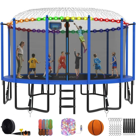 YORIN Trampoline, 16FT Trampoline for 8-9 Kids Adults with Enclosure, 1500LBS Outdoor Trampoline with Basketball Hoop, Sprinkler, Light, Socks, Ladder, Galvanized Anti-Rust Coating Trampoline
