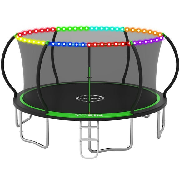 YORIN Trampoline for 8-9 Kids, 16 FT 14FT 10FT 12FT Trampoline for Adults with Enclosure Net, Ladder, Light, 1500LBS Weight Capacity Outdoor Round Recreational Trampoline, Heavy Duty Trampoline