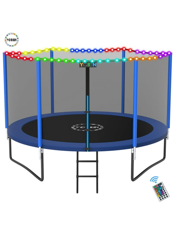 YORIN Trampoline for 2-3 Kids, 8 FT Trampoline for Adults with Enclosure Net, Ladder, Light, 800LBS Weight Capacity Outdoor Round Recreational Trampoline, Heavy Duty Trampoline