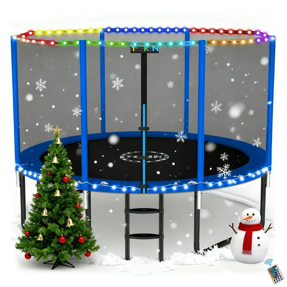 YORIN Trampoline for 2-3 Kids, 8FT 10FT 14FT 12FT Trampoline for Adults with Enclosure Net, Ladder, Light, 800LBS Weight Capacity Outdoor Round Recreational Trampoline, Heavy Duty Trampoline