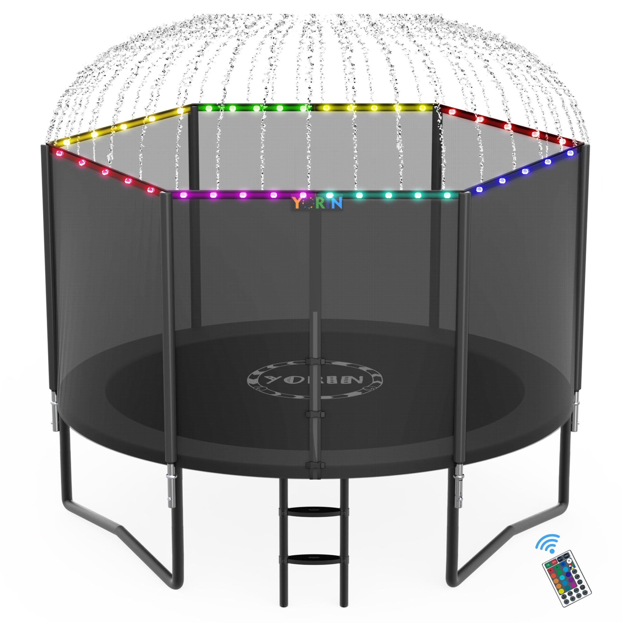 YORIN 8FT Outdoor Trampoline with Enclosure Net, Sprinkler and LED