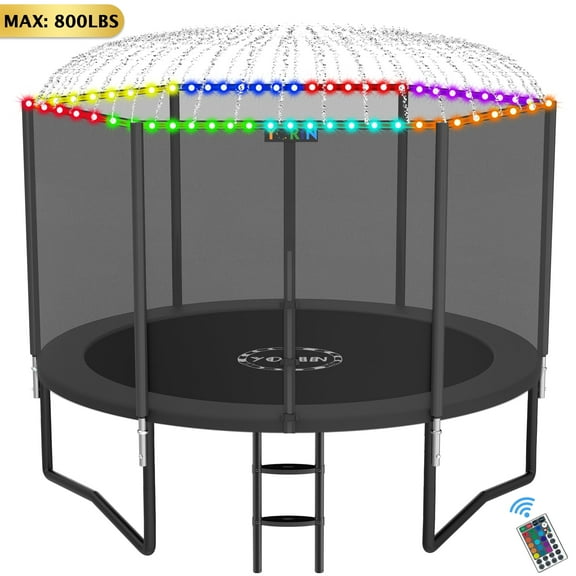 YORIN 8FT 10FT 12FT 14FT Trampoline with Enclusore Net, Sprinkler & LED Lights, 800LBS Capacity Outdoor Trampoline for 2–3 Kids, Safety Enclosure Net, Ladder, Heavy-Duty Backyard Round Trampoline