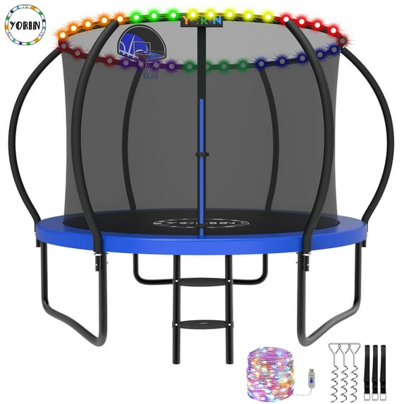 YORIN Trampoline for 2-3 Kids, 8FT Trampoline for Adults with Enclosure Net, Basketball Hoop, Ladder, 800LBS Outdoor Recreational Trampoline with Light, Heavy Duty Round Trampoline
