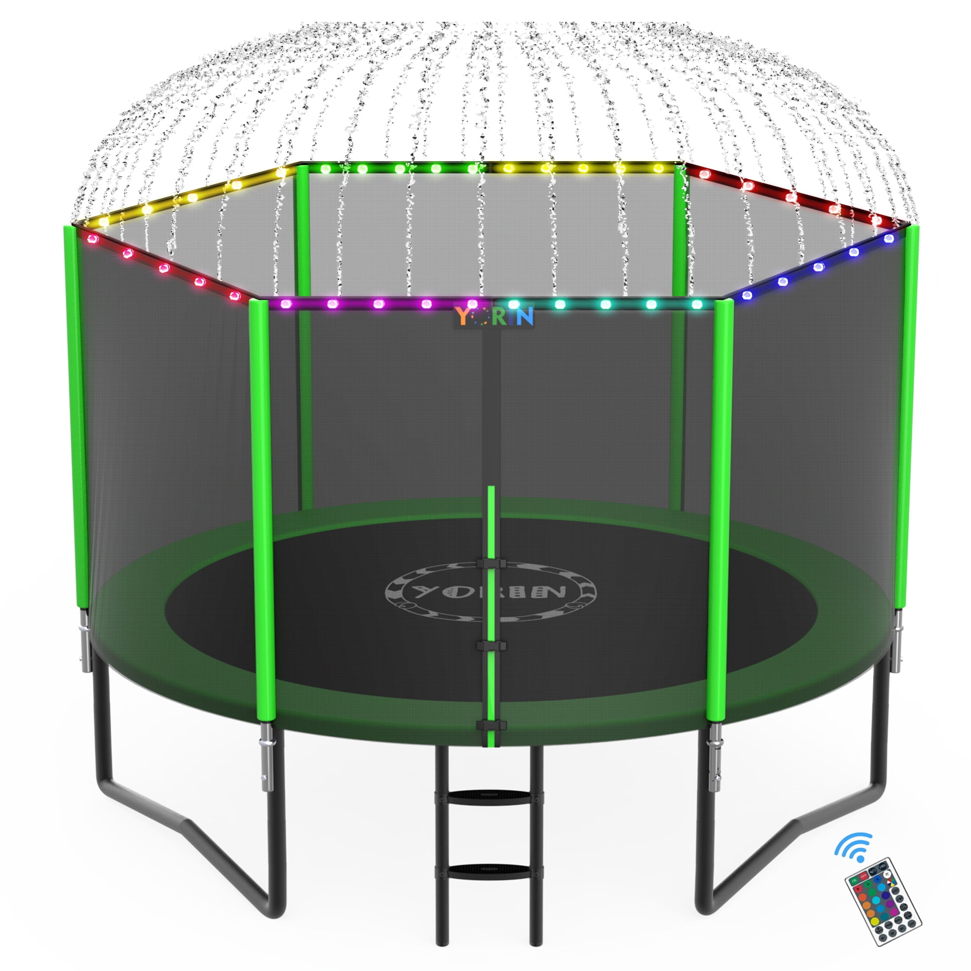 YORIN 8FT 10FT 12FT 14FT Trampoline with Enclusore Net, Sprinkler & LED Lights, 800LBS Capacity Outdoor Trampoline for 2–3 Kids, Safety Enclosure Net, Ladder, Heavy-Duty Backyard Round Trampoline