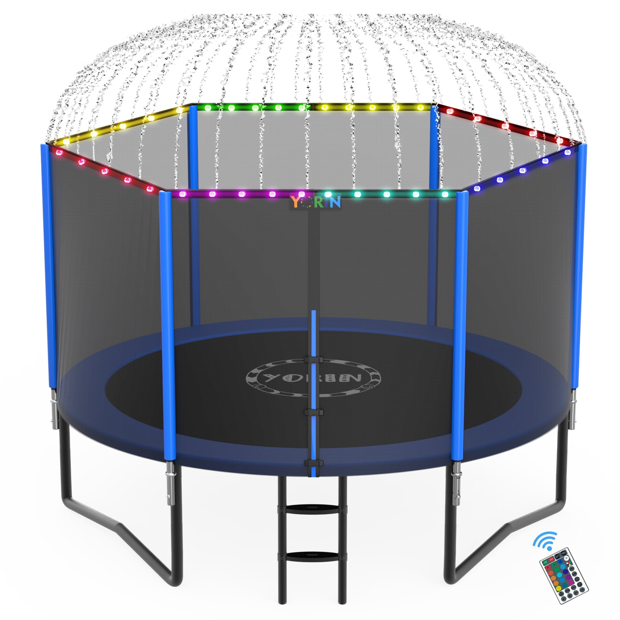 YORIN 8FT 10FT 12FT 14FT Trampoline with Enclusore Net, Sprinkler & LED Lights, 800LBS Capacity Outdoor Trampoline for 2–3 Kids, Safety Enclosure Net, Ladder, Heavy-Duty Backyard Round Trampoline