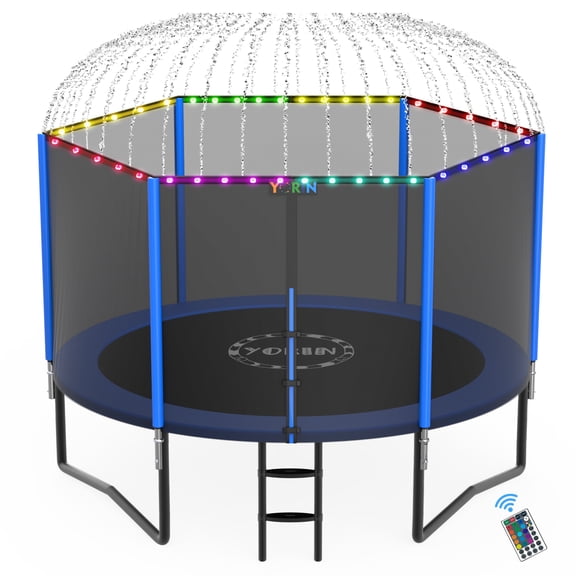 YORIN 8FT 10FT 12FT 14FT Trampoline with Enclusore Net, Sprinkler & LED Lights, 800LBS Capacity Outdoor Trampoline for 2–3 Kids, Safety Enclosure Net, Ladder, Heavy-Duty Backyard Round Trampoline