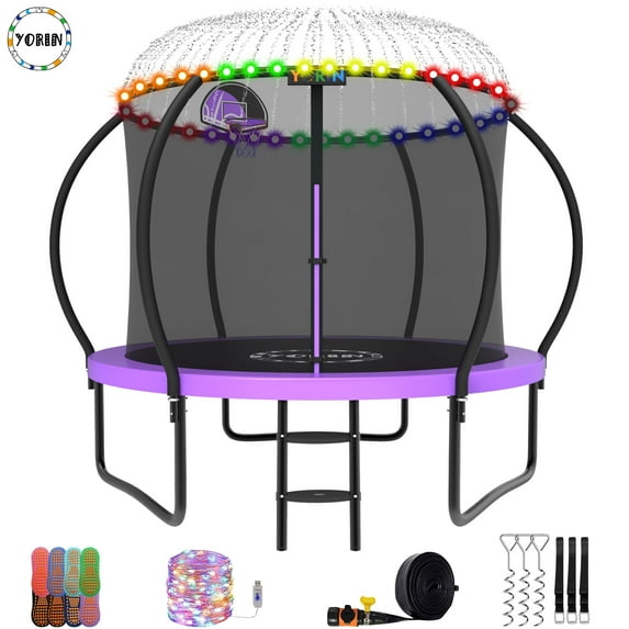 YORIN Trampoline for 3-4 Kids, 10FT Trampoline for Adults with Enclosure Net, Basketball Hoop, Ladder, 1000LBS Outdoor Trampoline with Light, Sprinkler, Socks, Heavy Duty Round Trampoline