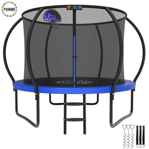 YORIN Trampoline for 3-4 Kids, 10FT Trampoline for Adults with Enclosure Net, Basketball Hoop, Ladder, 1000LBS Weight Capacity Outdoor Recreational Trampoline, Heavy Duty Trampoline