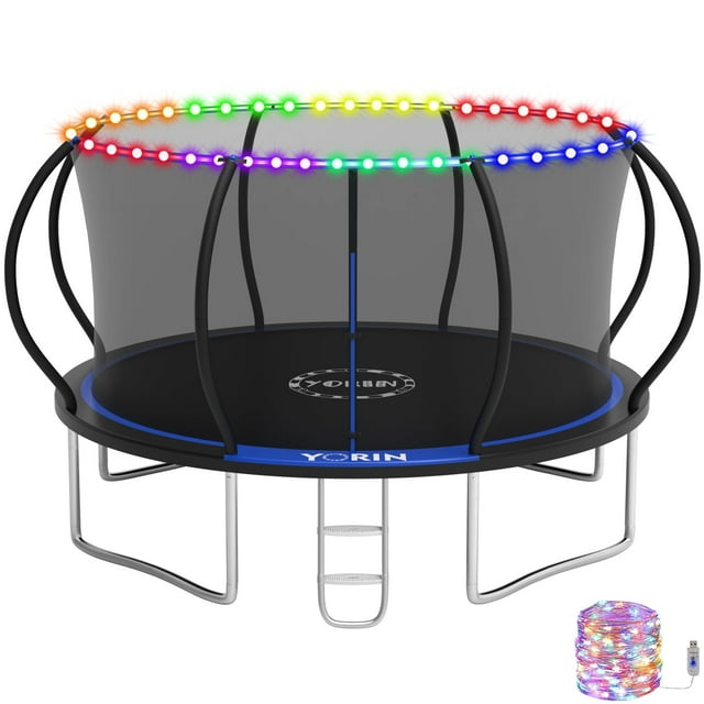 YORIN Trampoline for 4-5 Kids, 12FT 16FT 10FT 14FT Trampoline for Adults with Enclosure Net, Ladder, Light, 1200LBS Weight Capacity Outdoor Round Recreational Trampoline, Heavy Duty Trampoline