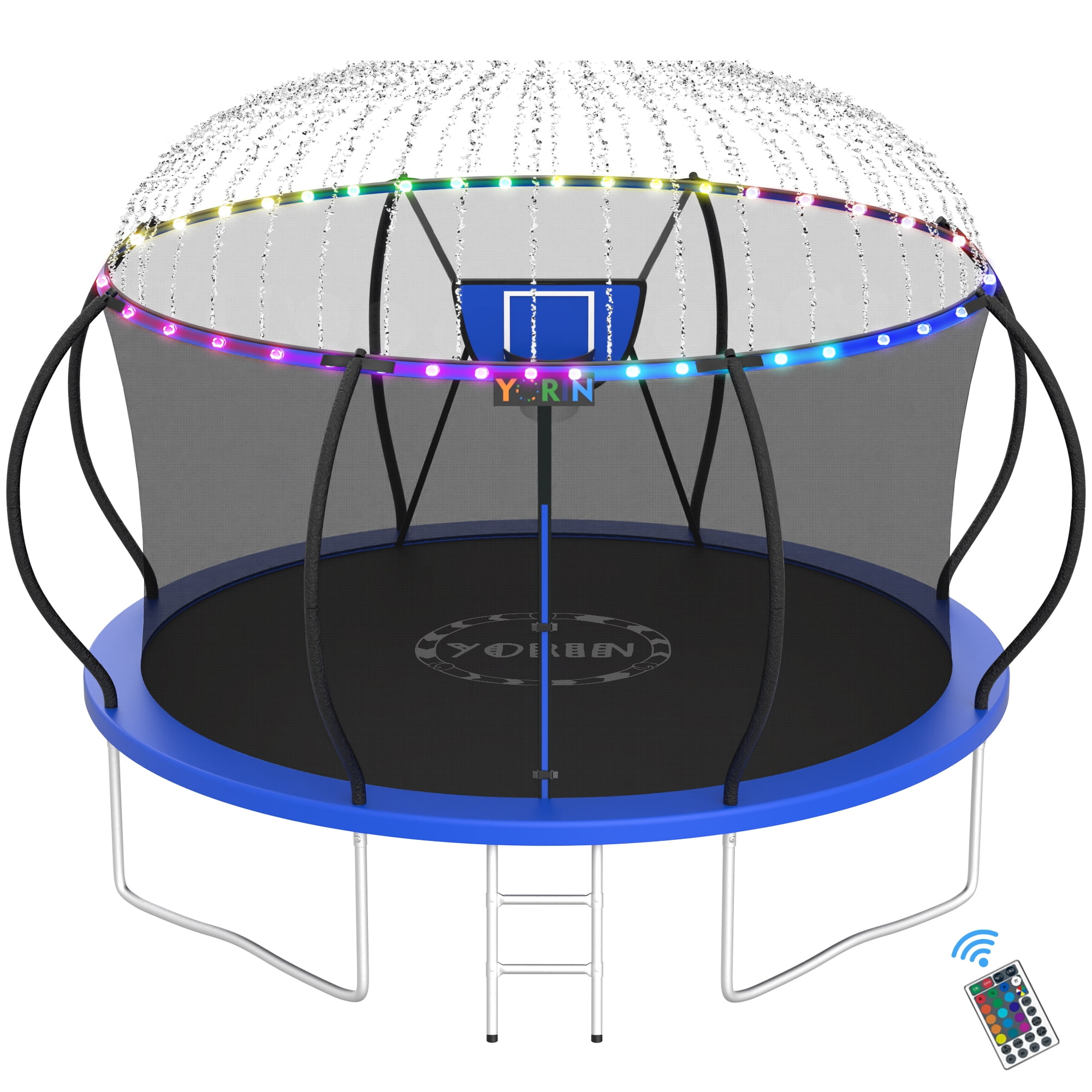 YORIN Trampolines Outdoor with Sprinkler and Lights, 1200LBS 12FT Trampoline for Kids and Adults, Backyard Heavy Duty Trampoline with Enclosure Net, Basketball Hoop, Ladder, Birthday Gift