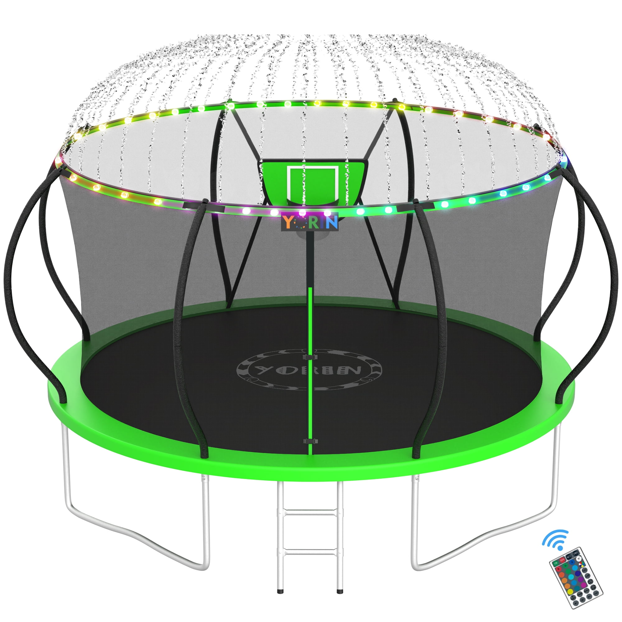 YORIN Trampolines Outdoor with Sprinkler and Lights, 1200LBS 12FT Trampoline for Kids and Adults, Backyard Heavy Duty Trampoline with Enclosure Net, Basketball Hoop, Ladder, Birthday Gift