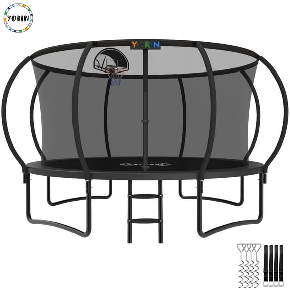 YORIN Trampoline for 5-6 Kids, 12 FT Trampoline for Adults with Enclosure Net, Basketball Hoop, Ladder, 1200LBS Weight Capacity Outdoor Recreational Trampoline, Heavy Duty Trampoline