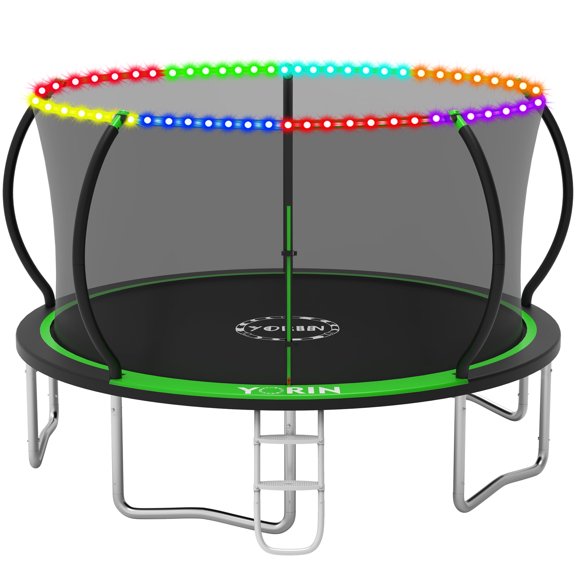 YORIN Trampoline for 5-6 Kids, 14 FT 8 FT 10FT 12FT Trampoline for Adults with Enclosure Net, Ladder, Light, 1400LBS Weight Capacity Outdoor Round Recreational Trampoline, Heavy Duty Trampoline