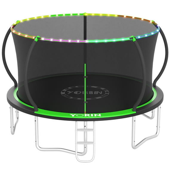 YORIN Trampoline for 5-6 Kids, 14 FT 8 FT 10FT 12FT Trampoline for Adults with Enclosure Net, Ladder, Light, 1400LBS Weight Capacity Outdoor Round Recreational Trampoline, Heavy Duty Trampoline