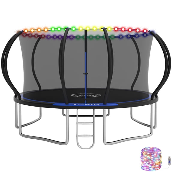 YORIN Trampoline for 5-6 Kids, 14 FT 8 FT 10FT 12FT Trampoline for Adults with Enclosure Net, Ladder, Light, 1400LBS Weight Capacity Outdoor Round Recreational Trampoline, Heavy Duty Trampoline