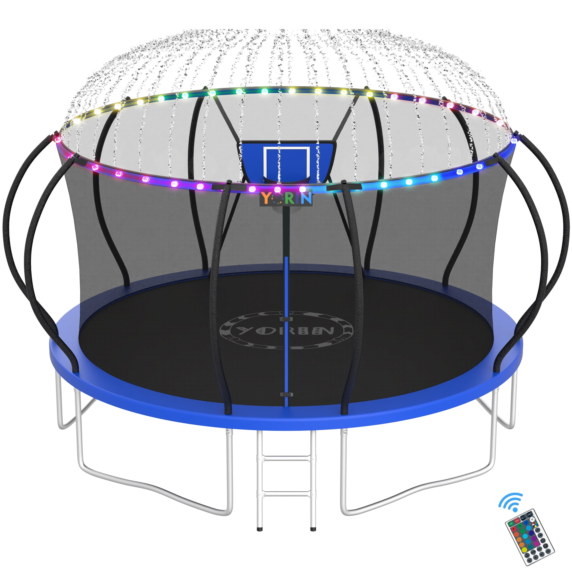 YORIN Trampolines Outdoor with Sprinkler and Lights, 1400LBS 14FT Trampoline for Kids and Adults, Backyard Heavy Duty Trampoline with Enclosure Net, Basketball Hoop, Ladder, Birthday Gift