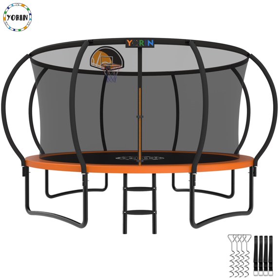 YORIN Trampoline for 7-8 Kids, 14 FT Trampoline for Adults with Enclosure Net, Basketball Hoop, Ladder, 1400LBS Weight Capacity Outdoor Recreational Trampoline, Heavy Duty Trampoline