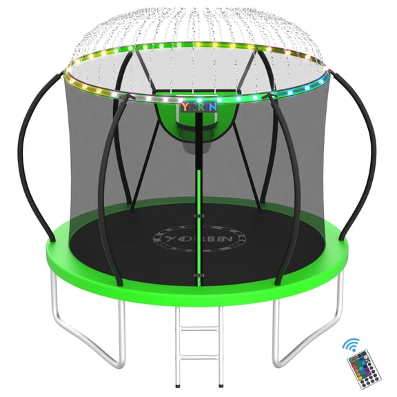YORIN Trampolines Outdoor with Sprinkler and Lights, 1000LBS 10FT Trampoline for Kids and Adults, Backyard Heavy Duty Trampoline with Enclosure Net, Basketball Hoop, Ladder, Birthday Gift