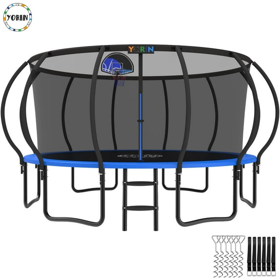 YORIN Trampoline for 8-9 Kids, 15 FT Trampoline for Adults with Enclosure Net, Basketball Hoop, Ladder, 1500LBS Weight Capacity Outdoor Recreational Trampoline, Heavy Duty Trampoline