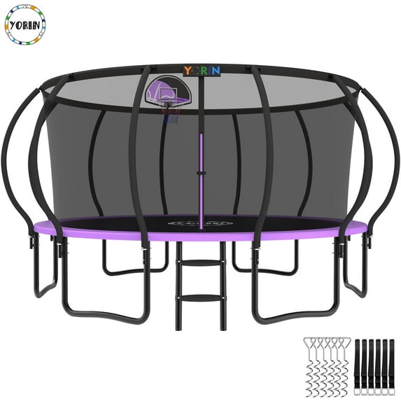 YORIN Trampoline for 8-9 Kids, 15 FT Trampoline for Adults with Enclosure Net, Basketball Hoop, Ladder, 1500LBS Weight Capacity Outdoor Recreational Trampoline, Heavy Duty Trampoline
