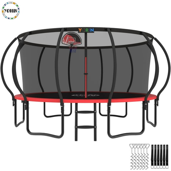 YORIN Trampoline for 8-9 Kids, 15 FT Trampoline for Adults with Enclosure Net, Basketball Hoop, Ladder, 1500LBS Weight Capacity Outdoor Recreational Trampoline, Heavy Duty Trampoline