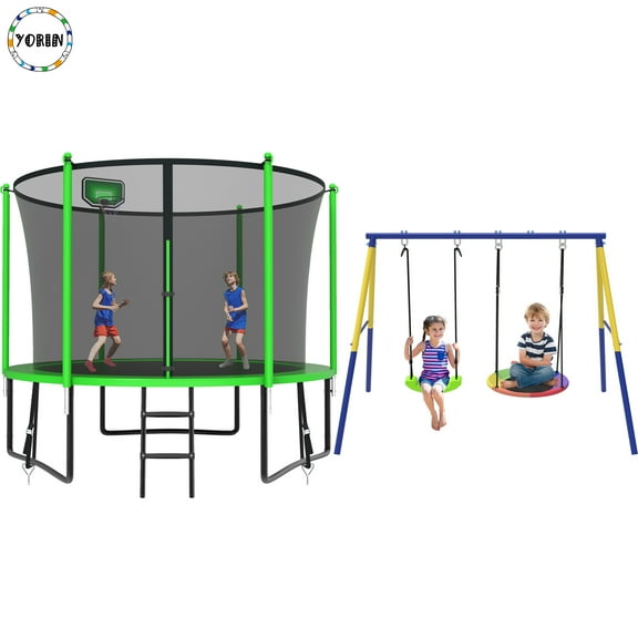YORIN Trampoline, 800LBS 8FT Trampoline for 2-3 Adults/ Kids, with Enclosure Net, Metal Swing, Basketball Hoop, Ladder, Galvanized Outdoor Anti-Rust Heavy Duty Round Recreational Trampoline