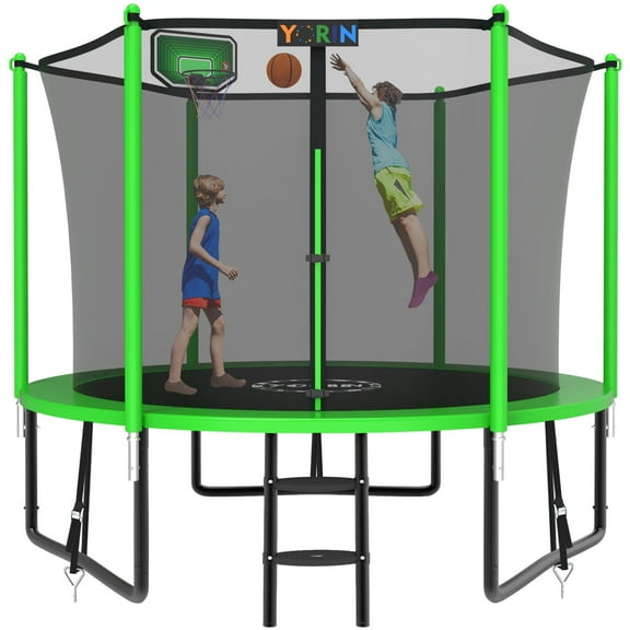 YORIN Trampoline, 8FT Trampoline for 2-3 Kids Adults with Enclosure Net, 800LBS Outdoor Trampoline with Basketball Hoop, Ladder, Galvanized Anti-Rust Coating Heavy Duty Round Recreational Trampoline