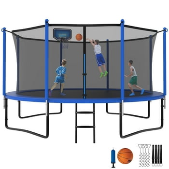 YORIN Trampoline with Enclosure Net, 1200LBS 12FT Trampoline for 4-5 Kids Adults, Recreational Trampolines with Basketball Hoop, Ladder, Galvanized Outdoor Heavy Duty Trampoline