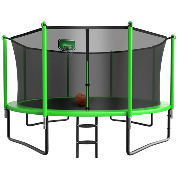 YORIN Trampoline with Enclosure Net, 1200LBS 12FT Trampoline for 4-5 Kids Adults, Recreational Trampolines with Basketball Hoop, Ladder, Galvanized Outdoor Heavy Duty Trampoline