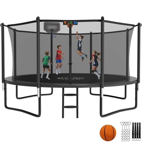 YORIN Trampoline with Enclosure Net, 1200LBS 12FT Trampoline for 4-5 Kids Adults, Recreational Trampolines with Basketball Hoop, Ladder, Galvanized Outdoor Heavy Duty Trampoline