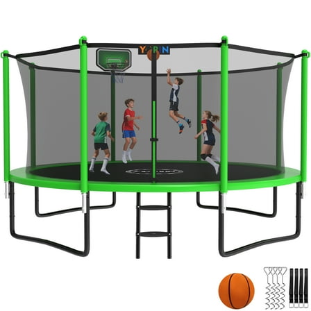 YORIN Trampoline with Enclosure Net, 1200LBS 12FT Trampoline for 4-5 Kids Adults, Recreational Trampolines with Basketball Hoop, Ladder, Galvanized Outdoor Heavy Duty Trampoline