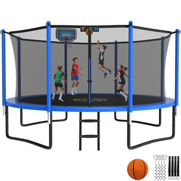YORIN Trampoline with Enclosure Net, 1200LBS 12FT Trampoline for 4-5 Kids Adults, Recreational Trampolines with Basketball Hoop, Ladder, Galvanized Outdoor Heavy Duty Trampoline