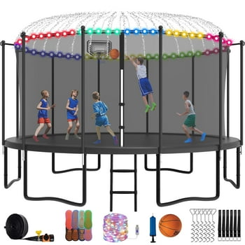 YORIN Trampoline with Enclosure Net, 1500LBS 15FT Trampoline for 7-8 Kids Adults with Basketball Hoop, Ladder, Light, Sprinkler, Socks, Outdoor Heavy Duty Recreational Trampoline