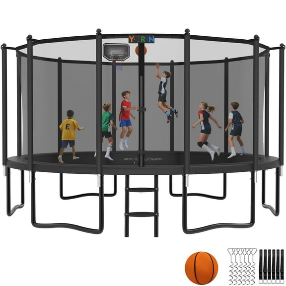 YORIN Trampoline with Enclosure Net, 1500LBS 15FT Trampoline for 7-8 Kids Adults, Recreational Trampolines with Basketball Hoop, Ladder, Galvanized Outdoor Heavy Duty Trampoline