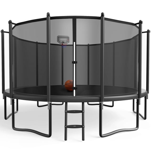YORIN Trampoline with Enclosure Net, 1500LBS 15FT Trampoline for 7-8 Kids Adults, Recreational Trampolines with Basketball Hoop, Ladder, Galvanized Outdoor Heavy Duty Trampoline