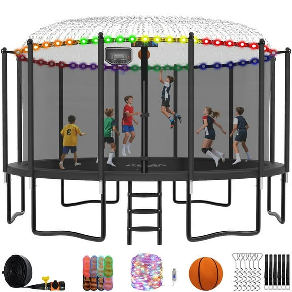 YORIN Trampoline with Enclosure Net, 1500LBS 16FT Trampoline for 8-9 Kids Adults with Basketball Hoop, Ladder, Light, Sprinkler, Socks, Outdoor Heavy Duty Recreational Trampoline