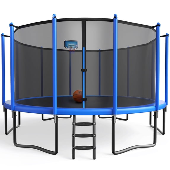 YORIN Trampoline with Enclosure Net, 1500LBS 16FT Trampoline for 8-9 Kids Adults, Recreational Trampolines with Basketball Hoop, Ladder, Galvanized Outdoor Heavy Duty Trampoline