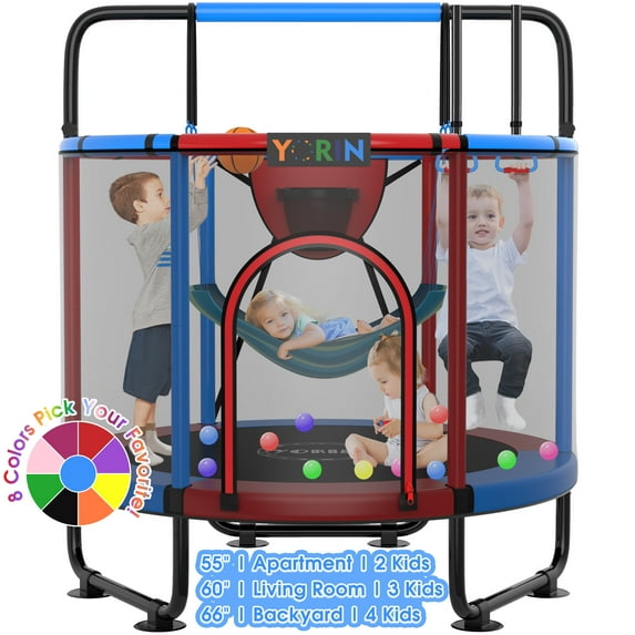 YORIN Trampoline for Kids, 55'' Mini Trampoline for Toddlers with Swing, Enclosure Net and Basketball Hoop, 4.5FT Indoor/Outdoor Kids Round Trampoline with Adjustable Gymnastics Bars, Gifts for Kids